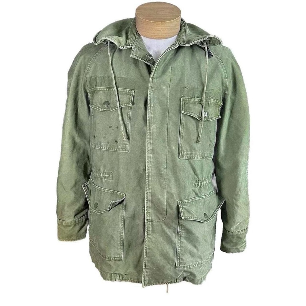 Vtg Distressed M-65 OG-107 Air Force Field Jacket With Zip Away Hood And Liner